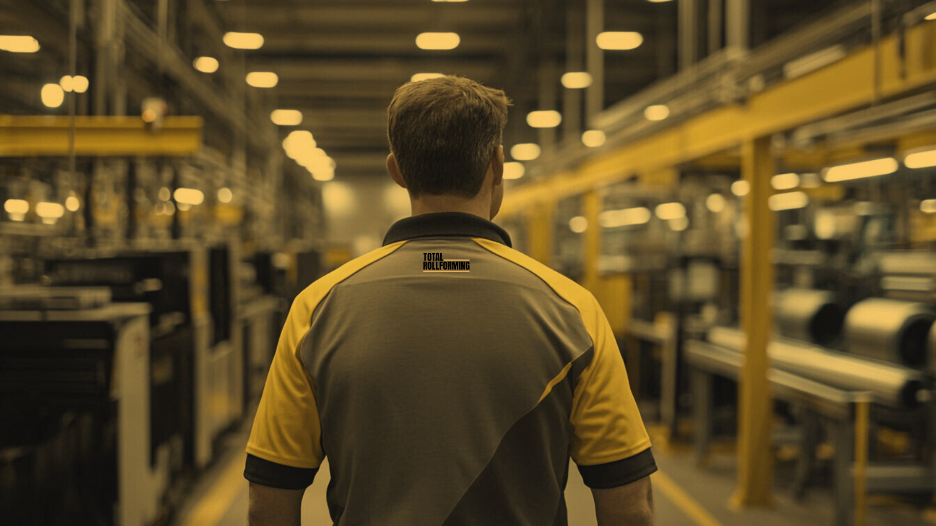 Total Rollforming technician performing maintenance on a large metal folding machine in an industrial workshop.